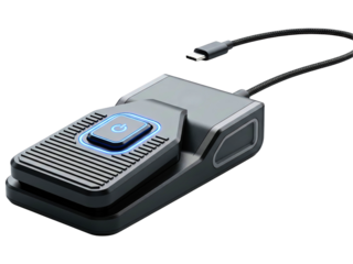 Black computer foot switch with a glowing blue power button on a transparent background