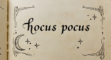 Hocus Pocus handwritten text in old tattered notebook for Halloween design. Vintage notebook with spooky handwritten Hocus Pocus lettering. Old worn notebook page with creepy handwritten Hocus Pocus