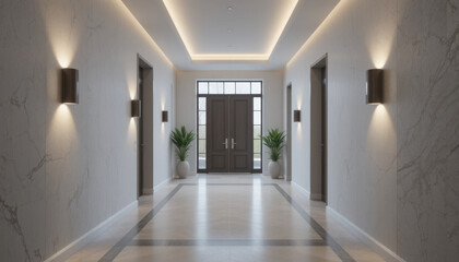 Modern hallway with marble flooring and elegant lighting features symmetrical design. space is adorned with potted plants and wall sconces, creating welcoming atmosphere