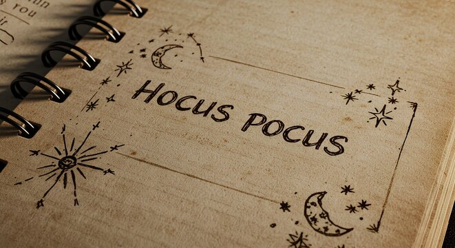 Hocus Pocus handwritten text in old tattered notebook for spooky Halloween designs. Vintage notebook with creepy handwritten Hocus Pocus lettering for Halloween