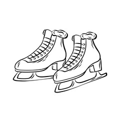 Linear illustration of skates on a white background. Ice skates for figure skating. Retro engraving. Sports equipment.