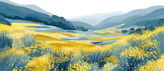 노란꽃이 활짝 핀 제주도 유채꽃밭의 풍경, 일러스트레이션 스타일-A landscape of a Jeju Island rapeseed field in full bloom, illustration style