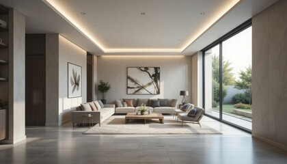 Modern living room with large windows, elegant furniture, and soft lighting creates cozy atmosphere. space features neutral color palette, contemporary art, and view of garden