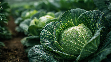 Obraz premium Fresh green cabbages growing in a garden. The cabbages are surrounded by lush green leaves and show droplets of water on their surface.