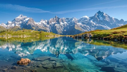 Serene alpine lake reflecting snow-capped mountains under a vibrant blue sky. The crystal-clear water reveals a rocky bottom