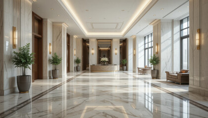 Obraz premium Luxurious hotel lobby with marble floors, elegant lighting, and modern decor. spacious area features comfortable seating and potted plants, creating welcoming atmosphere