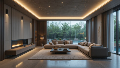 Obraz premium Modern living room with cozy atmosphere features large sectional sofa, sleek fireplace, and floor to ceiling windows overlooking lush garden. room is elegantly lit with ambient lighting