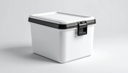 White rectangular plastic container with black top handle and front latch, designed for portable storage, isolated on transparent background.