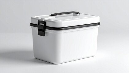 White rectangular plastic container with black top handle and front latch, designed for portable storage, isolated on transparent background.