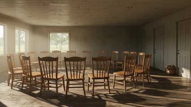 Chairs arranged in a circle in a sunlit room, psychological support group meeting for alcohol addiction recovery, conflict mediation with psychological support, grief counseling session.