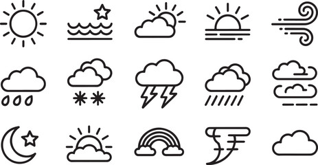 line weather icons set: sun, moon, clouds, rain, snow, lightning, wind, rainbow, tornado.