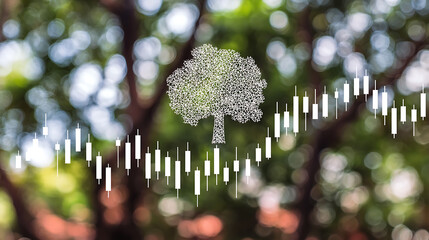 Tree composed of data points overlaid on a financial candlestick chart against a blurred forest background
