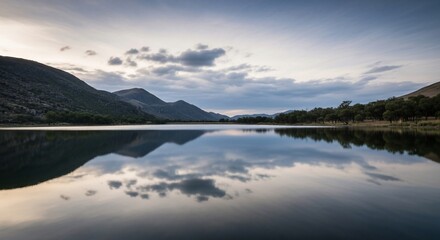 Fototapeta premium Serene Mountain Lake Reflection with Calm Water and Cloudy Sky