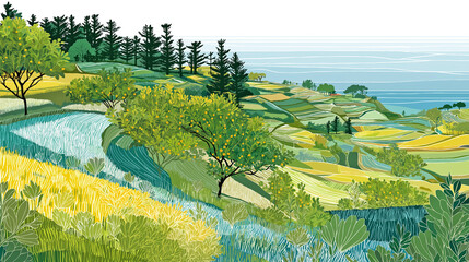 바닷가에 감귤밭이 보이는 제주도의 밭 풍경, 일러스트레이션 스타일-A Jeju Island field landscape with tangerine orchards along the seashore, illustration style