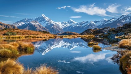 A tranquil alpine lake mirrors snow-capped mountains under a vibrant blue sky, with golden grasses framing the foreground