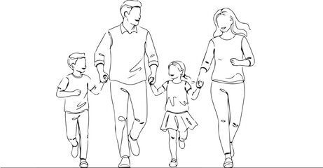 Family Running Together Minimal Line Art