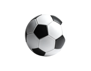 A classic black and white soccer ball, perfectly round, against a pure black background