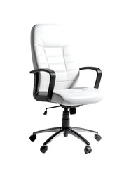 White leather office chair with black arms and base, five-star rolling wheels, high back, padded seat and backrest