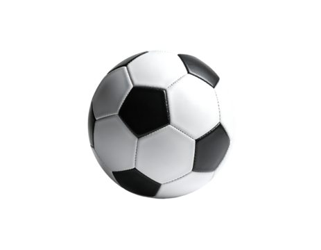 A classic black and white soccer ball, perfectly round, against a pure black background