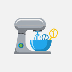 Illustration of a stand mixer with bowl and attachments.