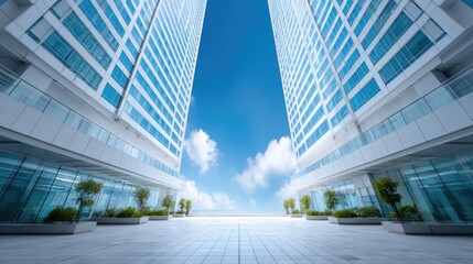 Modern White Office Buildings Exterior Under Blue Sky with Clouds Contemporary Architecture and Minimalist Design High Rise Urban Scene