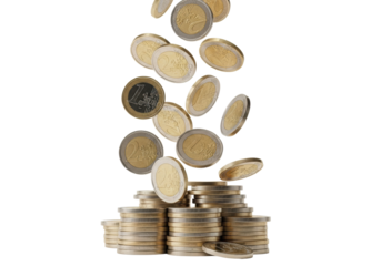 Bi-metallic 1 and 2 Euro coins, gold and silver, dynamically falling onto a stable stack, transparent background, high-key lit, concept of financial growth and abundance