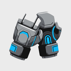 Illustration of futuristic boxing gloves in gray and blue on a light background.