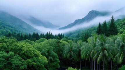 Misty Tropical Rainforest with Morning Foggy Landscape Green Canopy Forest Hills Under Dramatic Cloudy Sky Scenic Overlook on Dense Woodland