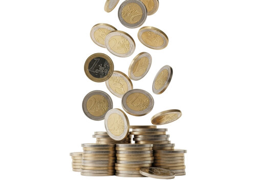 Bi-metallic 1 and 2 Euro coins, gold and silver, dynamically falling onto a stable stack, transparent background, high-key lit, concept of financial growth and abundance