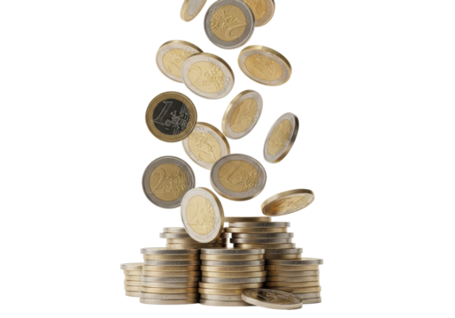 Bi-metallic 1 and 2 Euro coins, gold and silver, dynamically falling onto a stable stack, transparent background, high-key lit, concept of financial growth and abundance
