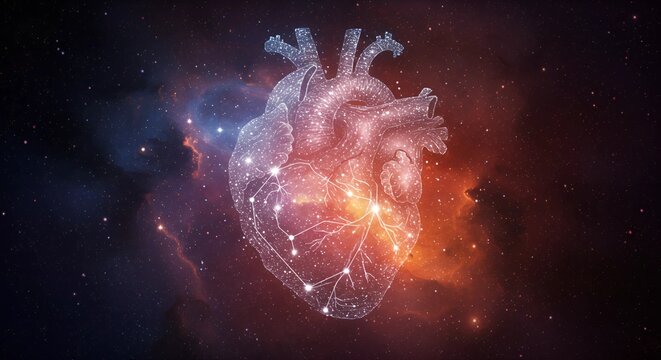 Cosmic Anatomical Heart Made of Stars and Constellations in Glowing Nebula Space Fantasy Art