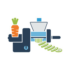 Illustration of a juicer machine processing vegetables, including carrots and cucumbers.