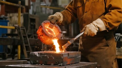 A foundry worker carefully pours molten metal from a crucible into a mold, showcasing the intense heat and skilled craftsmanship involved in metal casting.