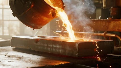 Hot liquid metal flowing from a crucible into a rectangular mold in a manufacturing plant.