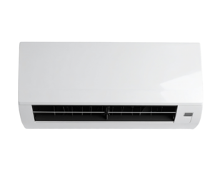 Minimalist Wall-Mounted White AC with Exposed Black Fan, Top-Down Perspective, Isolated