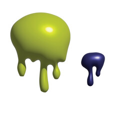Playful and vibrant abstract 3D rendering of two colorful liquid blobs, a large lime green and a small deep violet, appearing to drip and ooze creatively