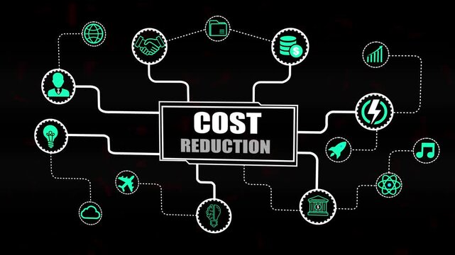 Cost Reduction Strategy Flowchart with Business Icons and Network Connections business strategy