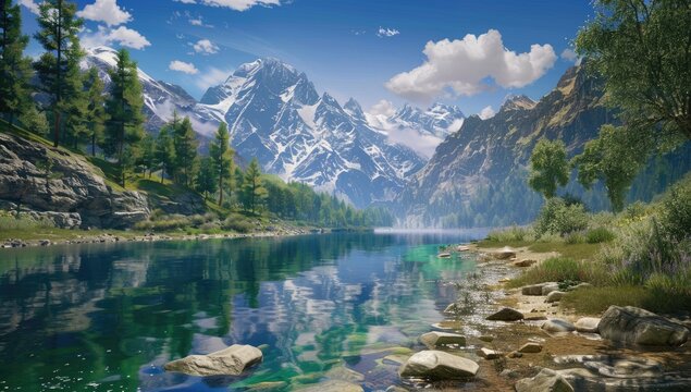 Serene mountain lake reflecting snow-capped peaks under a vibrant blue sky; lush greenery lines the calm water's edge