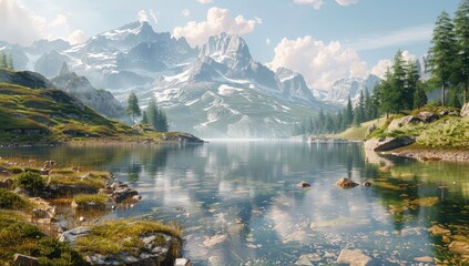Naklejka premium Serene alpine lake reflecting snow-capped mountains under a partly cloudy sky. Green meadows and dark evergreen trees line the tranquil water's edge