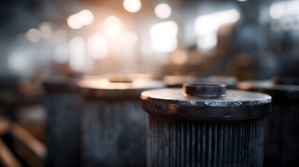 Close up of industrial oil filters in a manufacturing or maintenance environment with blurred background lighting