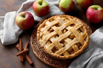 Freshly baked apple pie with golden lattice crust and apples Generative AI