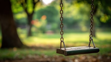 A worn swing set hangs in a leafy park, with a tree on the left and soft focus