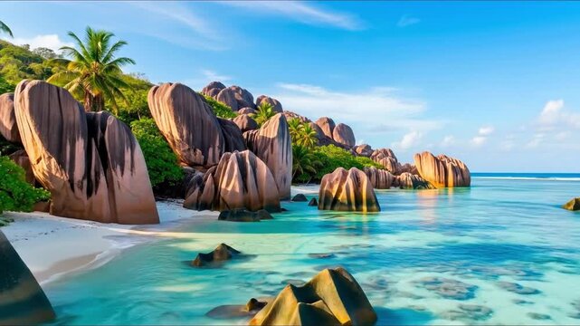 A beachscape with large smooth boulders white sand turquoise water and palm trees under a clear blue sky