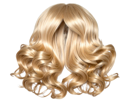 Voluminous Blonde Wig with Long Curly Hair, Front View, Isolated on Transparent Background