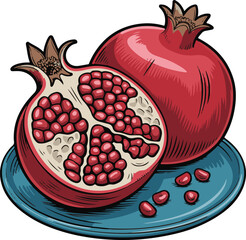 Pomegranate Fruit Whole and Halved on a Plate