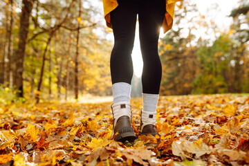 A close-up of a hiker's feet in hiking boots walking along a trail strewn with yellow leaves. A woman in heavy boots enjoys an autumn day in the forest. Concept of walking, hiking. Autumn day!