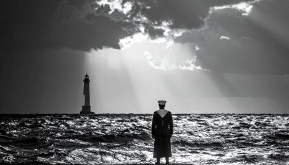 Seafarer facing a distant lighthouse, standing against rough seas under a dramatic, sun-streaked, stormy sky. Black and white photography