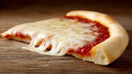 Slice of cheese pizza with golden crust and stretchy mozzarella on wooden table