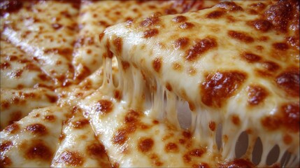 Close-up of hot cheesy pizza slices with bubbling golden mozzarella being pulled apart