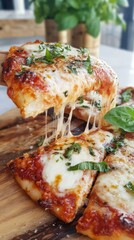 Melted cheese pizza slice lifted with basil garnish and fresh tomatoes in the background